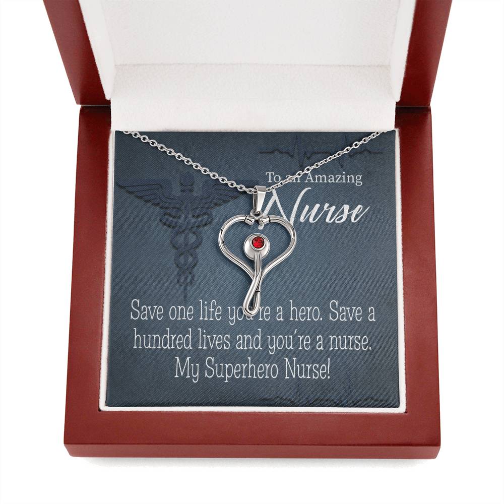 My Superhero Nurse! Heart Scope Necklace Red Swarovski Crystal Adjustable Chain 18-22"-Express Your Love Gifts