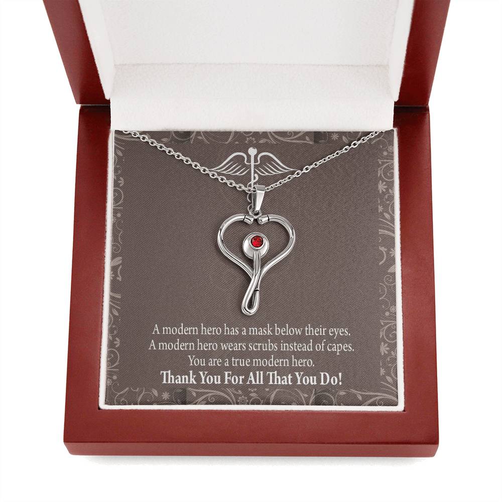 Medical Hero Appreciation Heart Scope Necklace Red Swarovski Crystal Adjustable Chain 18-22"-Express Your Love Gifts