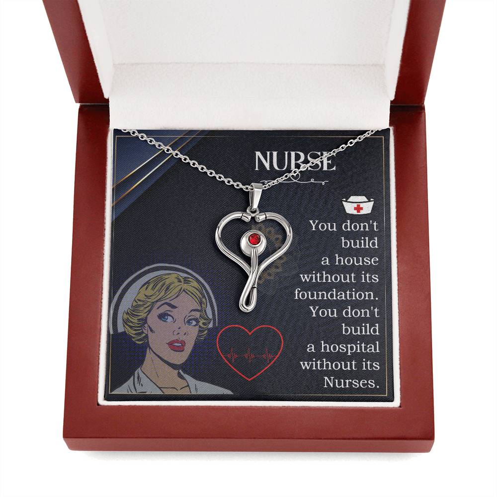 Nurses are the Foundation Heart Scope Necklace Red Swarovski Crystal Adjustable Chain 18-22"-Express Your Love Gifts
