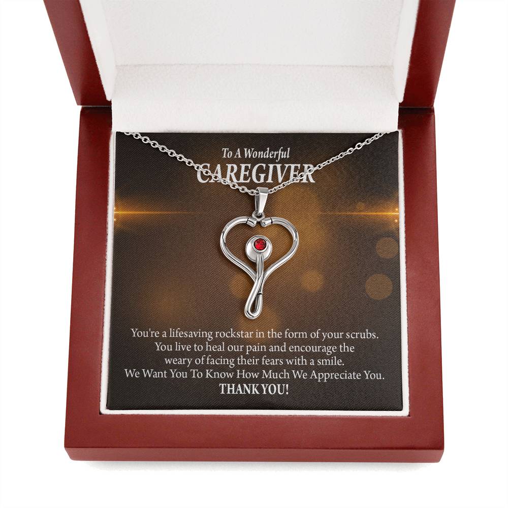 Rockstar Caregiver Heart Scope Necklace Red Swarovski Crystal Adjustable Chain 18-22"-Express Your Love Gifts