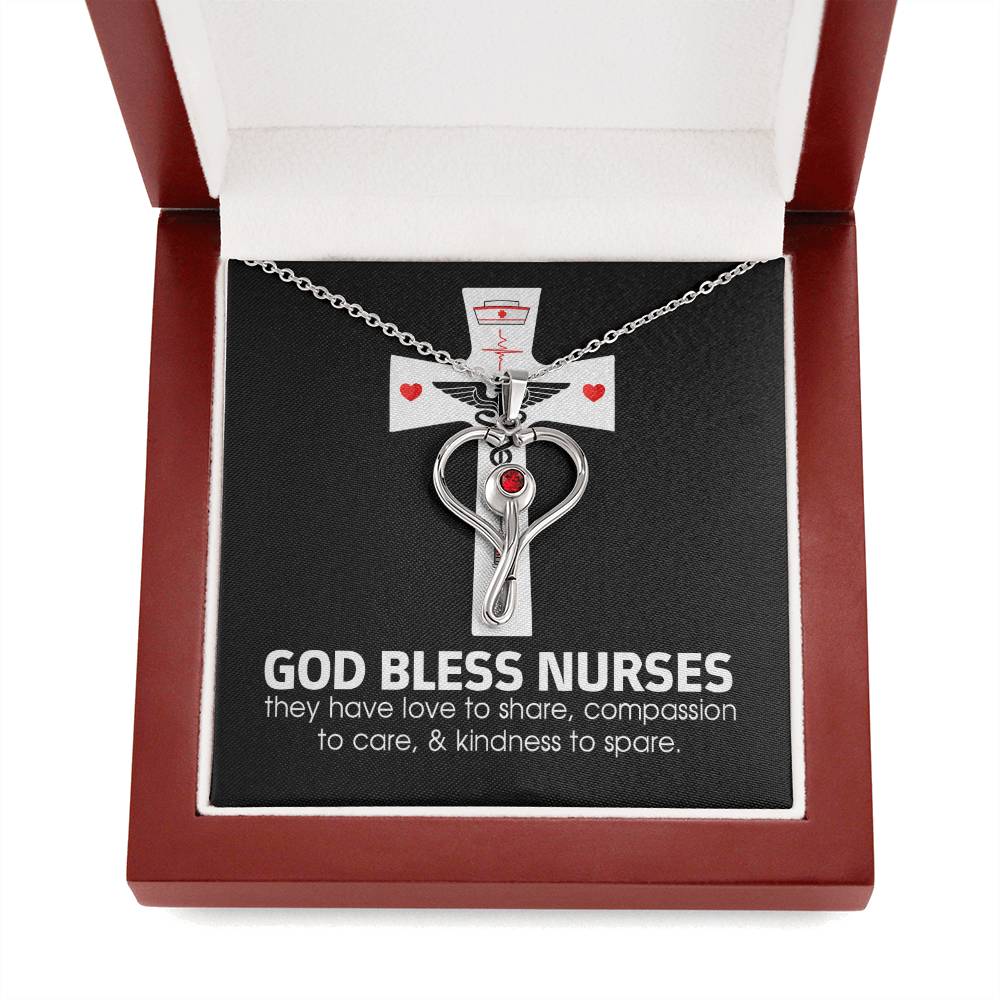 God Bless Nurses Heart Scope Necklace Red Swarovski Crystal Adjustable Chain 18-22"-Express Your Love Gifts
