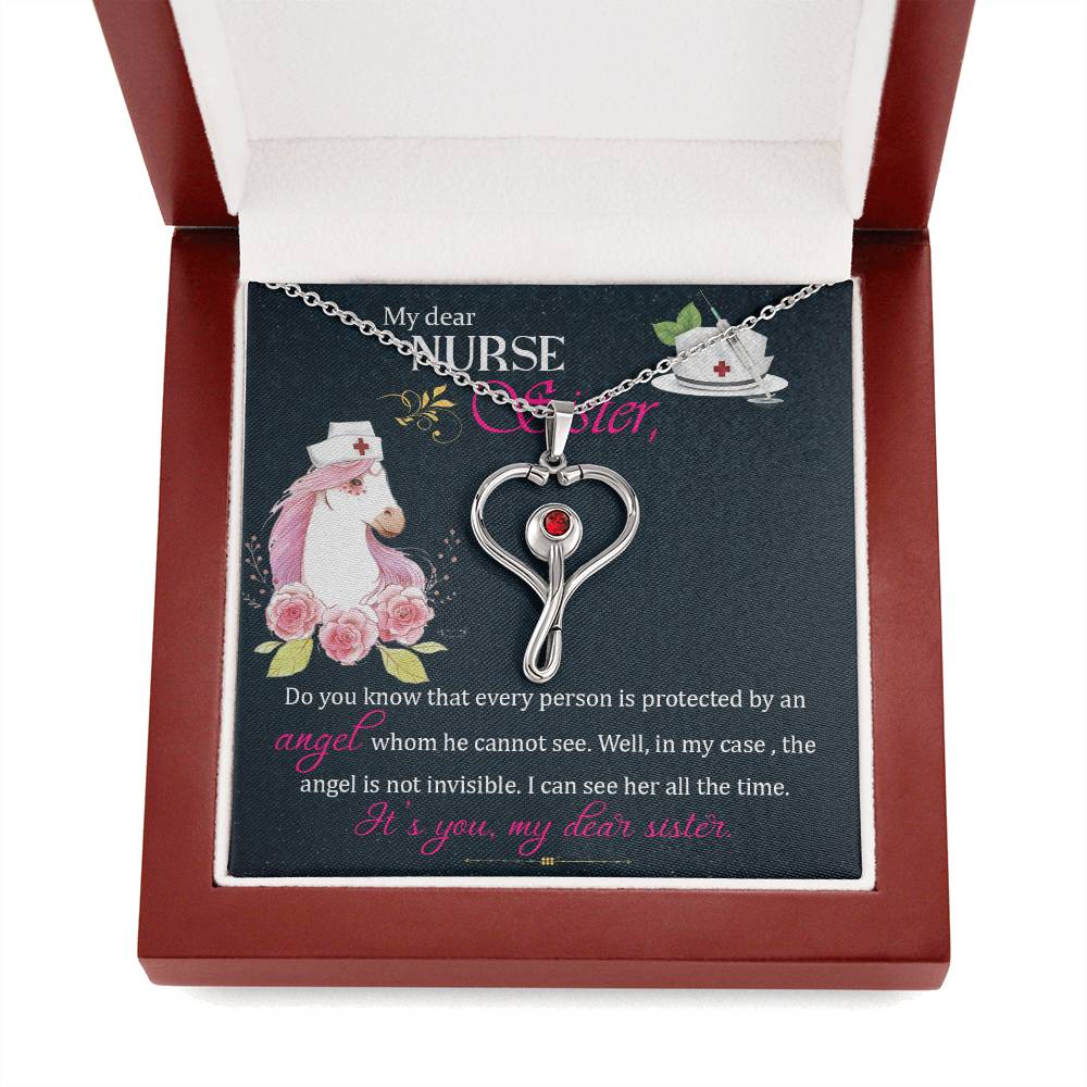 My dear nurse sister Heart Scope Necklace Red Swarovski Crystal Adjustable Chain 18-22"-Express Your Love Gifts