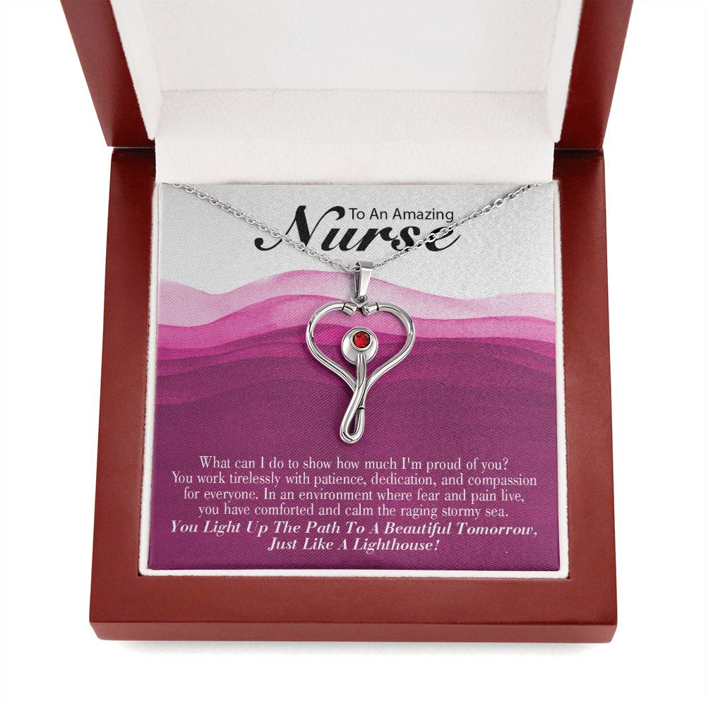 Inspirational Message for Nurse Heart Scope Necklace Red Swarovski Crystal Adjustable Chain 18-22"-Express Your Love Gifts