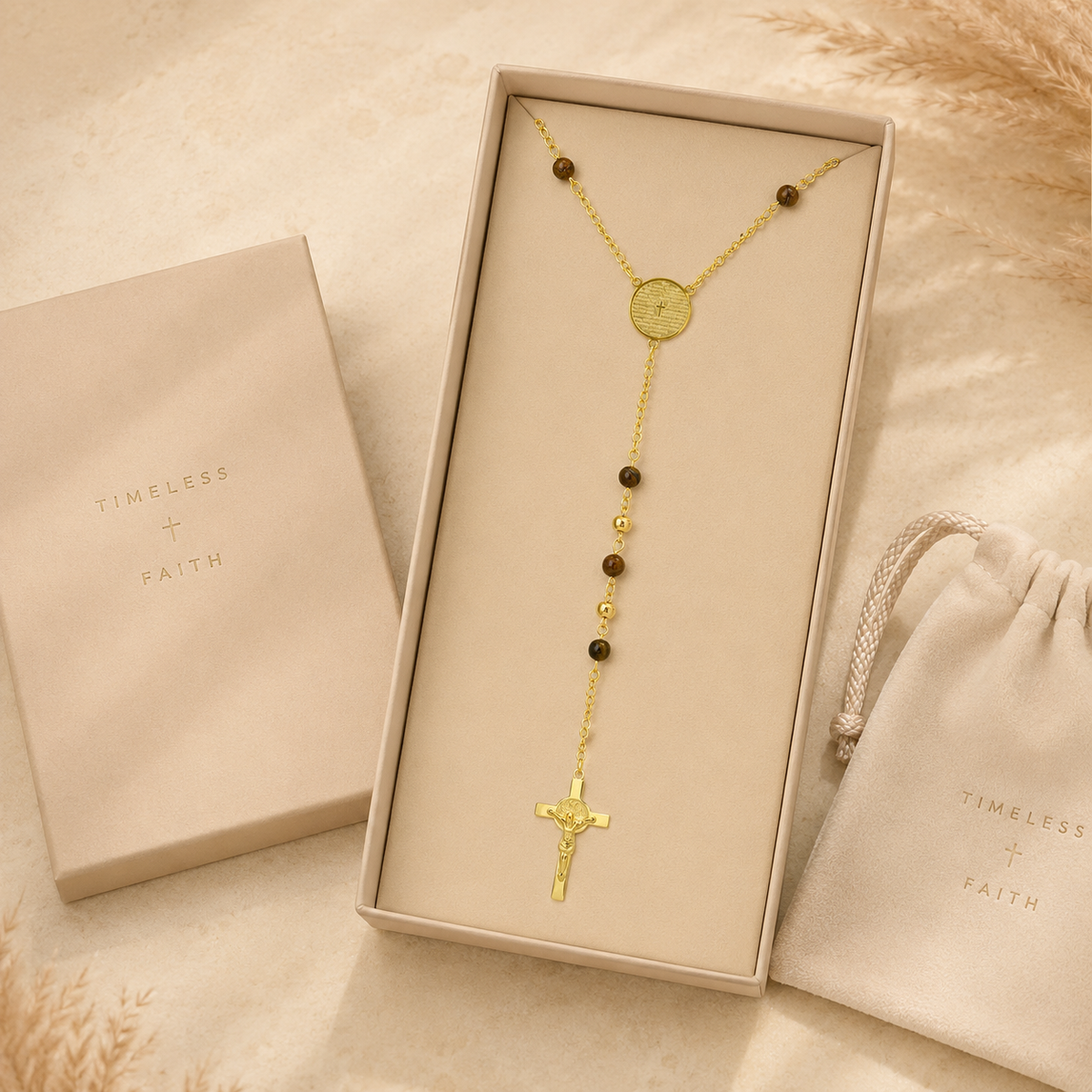 Rosary Necklace 18K Gold Plated Men's Tiger Eye Prayer Style 24" Chain-Express Your Love Gifts