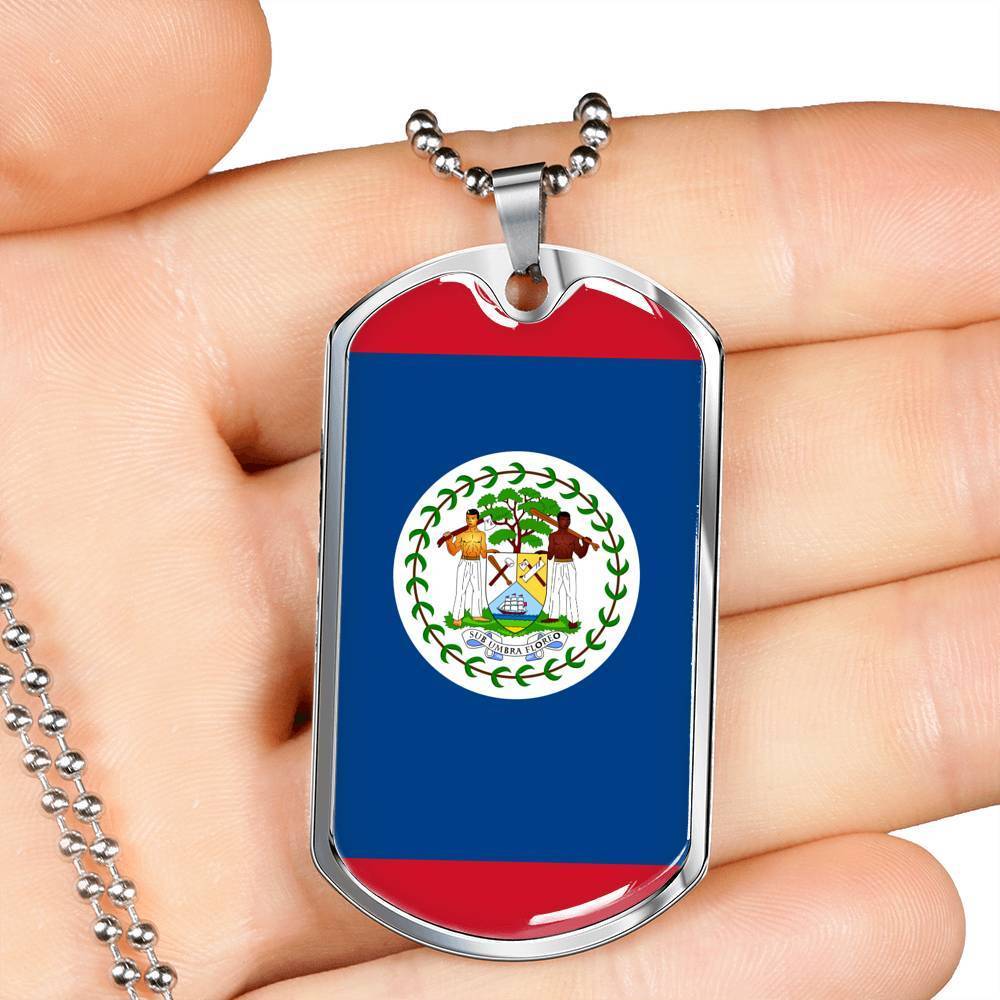 Belize Flag Necklace Belize Flag Stainless Steel or 18k Gold Dog Tag 24" - Express Your Love Gifts