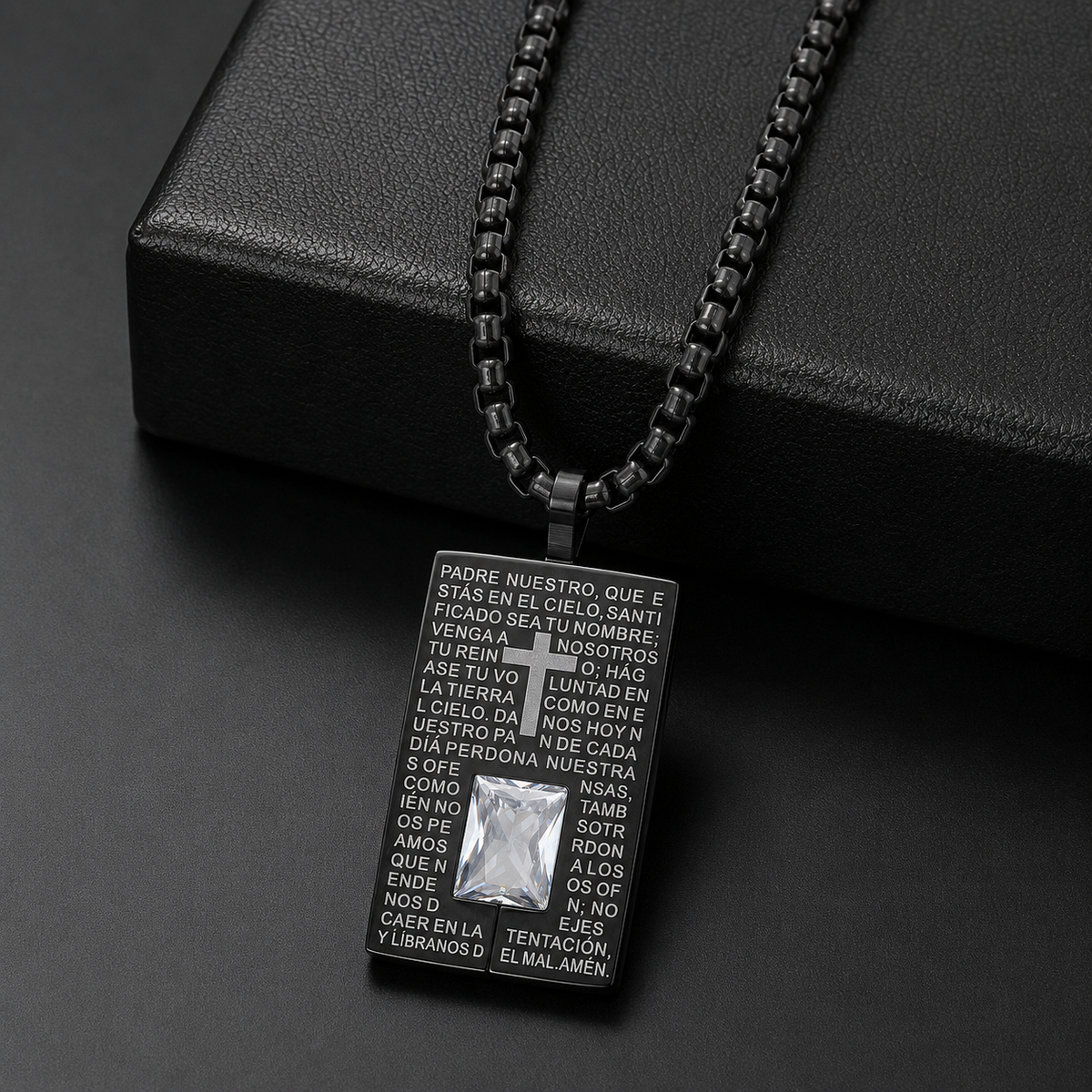 Padre Nuestro Our Father Dog Tag Necklace 18K Gold Black IP 24" Stainless Steel-Express Your Love Gifts