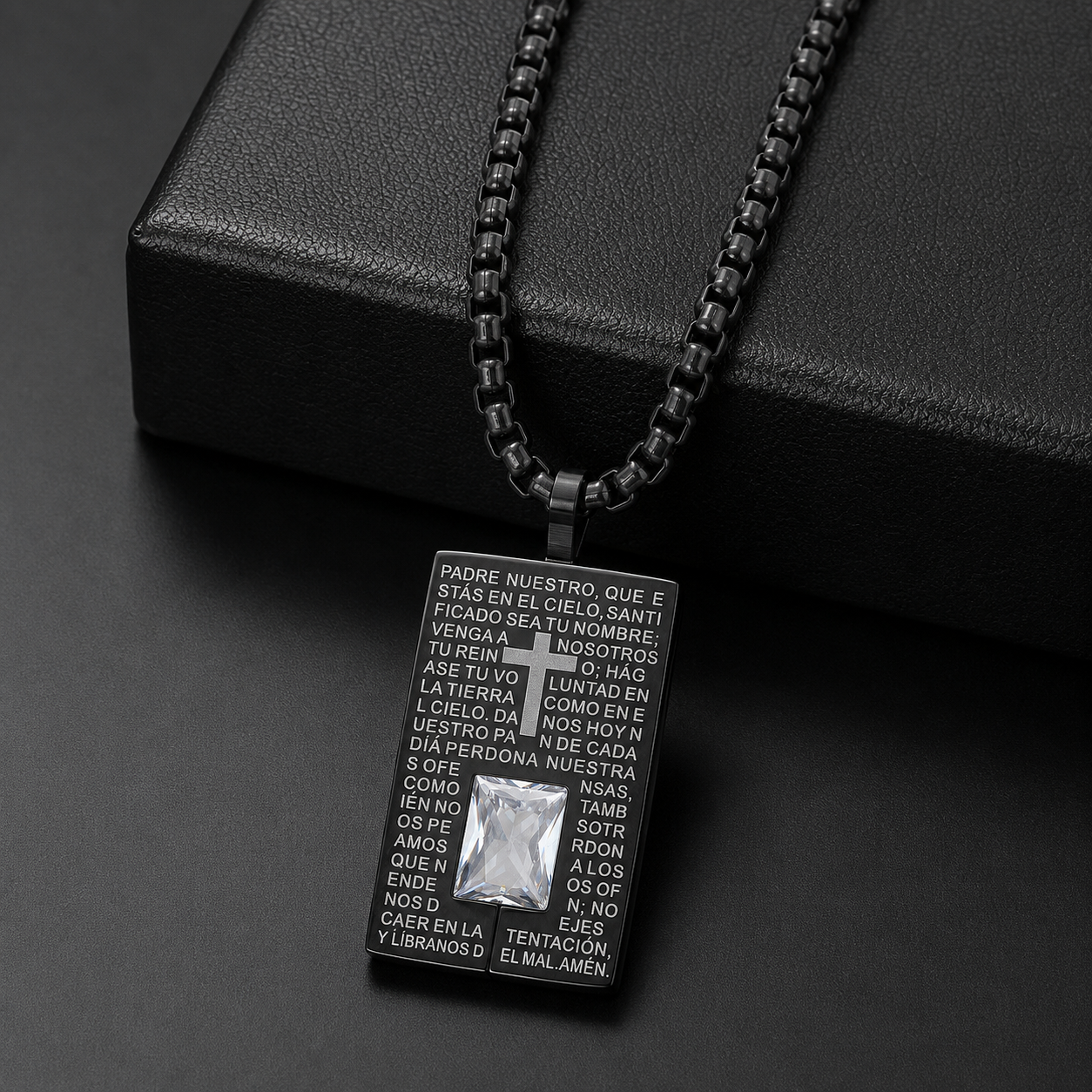 Padre Nuestro Our Father Dog Tag Necklace 18K Gold Black IP 24" Stainless Steel-Express Your Love Gifts
