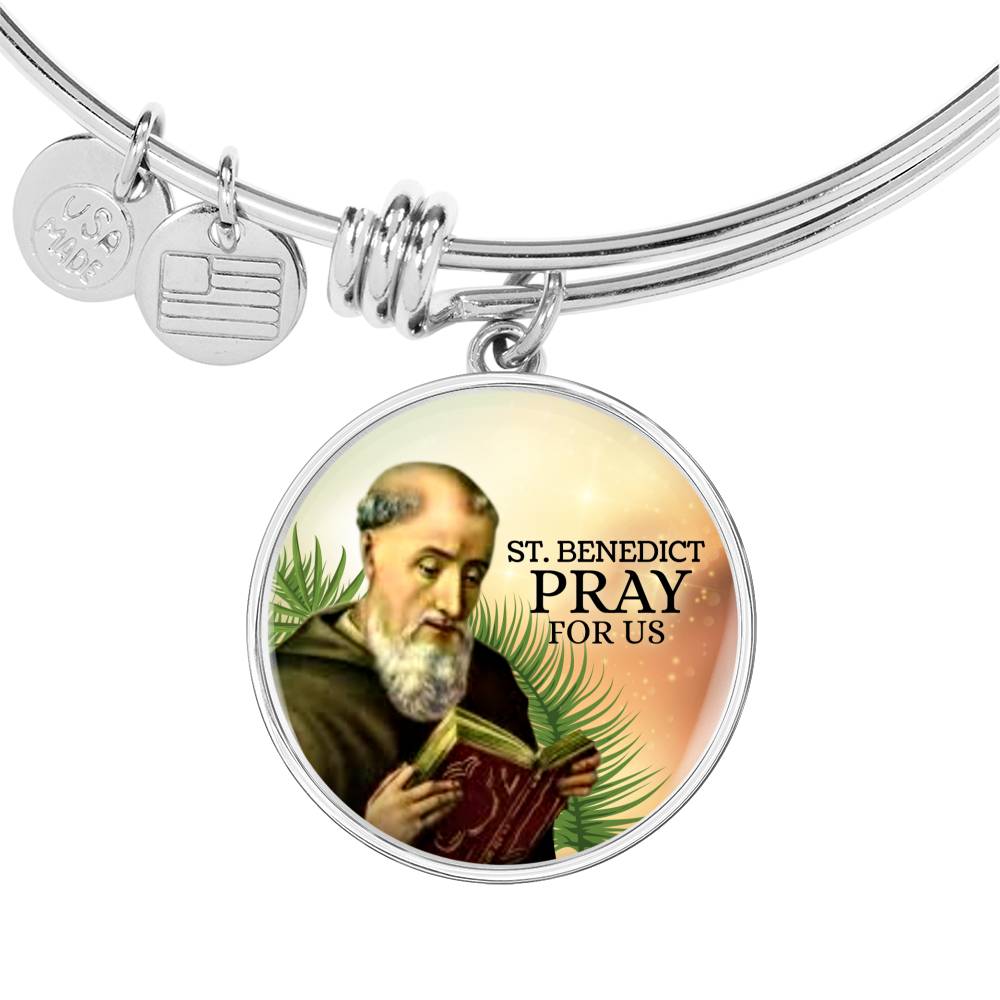 Catholic Saint Benedict Circle Bangle Bracelet Stainless Steel or 18k Gold" - Express Your Love Gifts
