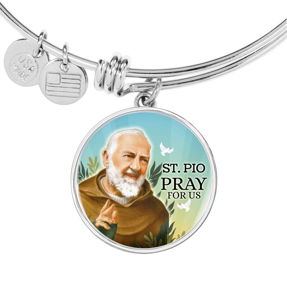 Catholic St. Pio Circle Bangle Bracelet Stainless Steel or 18k Gold" - Express Your Love Gifts