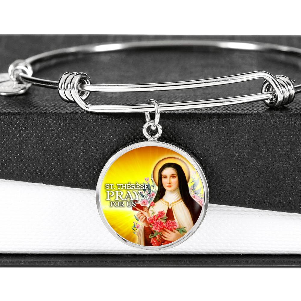 Catholic St. Therese Circle Bangle Bracelet Stainless Steel or 18k Gold" - Express Your Love Gifts