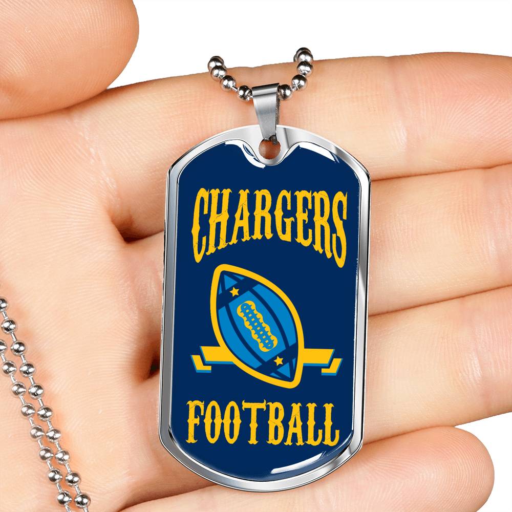 Chargers Football Dog Tag Stainless Steel or 18k Gold 24" Chain - Express Your Love Gifts