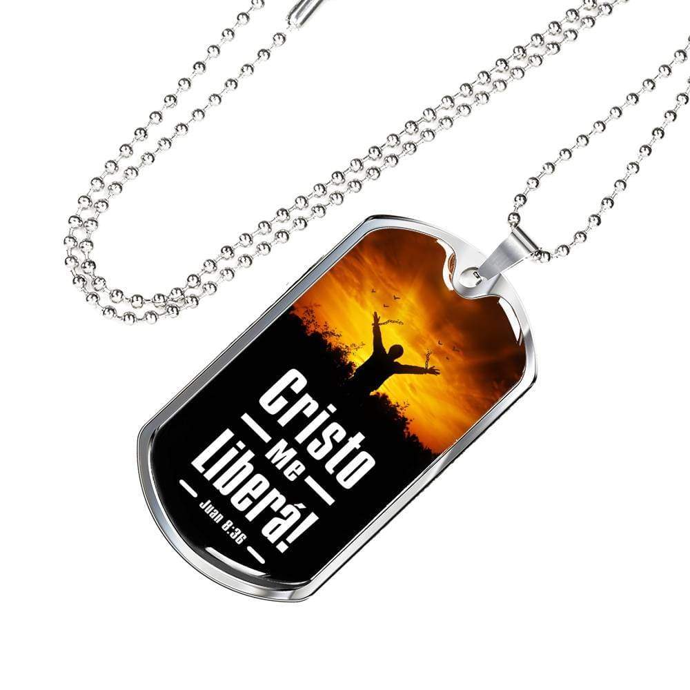 Christ Free Me In Spanish Religious Necklace Juan 8:36 Necklace Stainless Steel or 18k Gold Dog Tag 24" Chain-Express Your Love Gifts