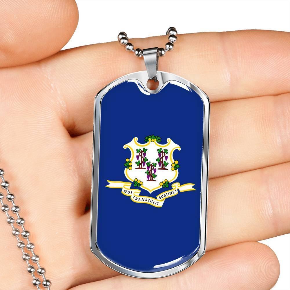 Connecticut Flag Pendant Stainless Steel or 18k Gold Dog Tag Necklace 24" Chain - Express Your Love Gifts