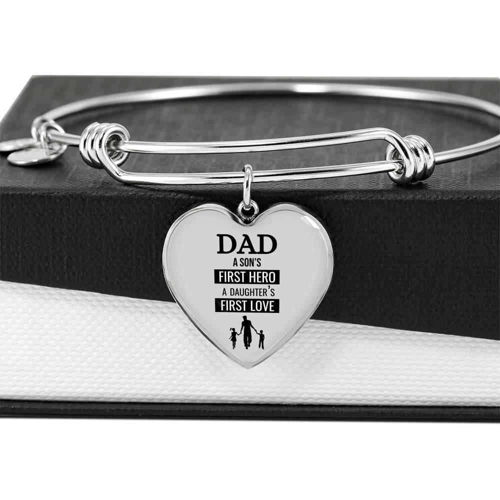 Dad A Son'S First Hero Stainless Steel or 18k Gold Heart Bangle Bracelet - Express Your Love Gifts