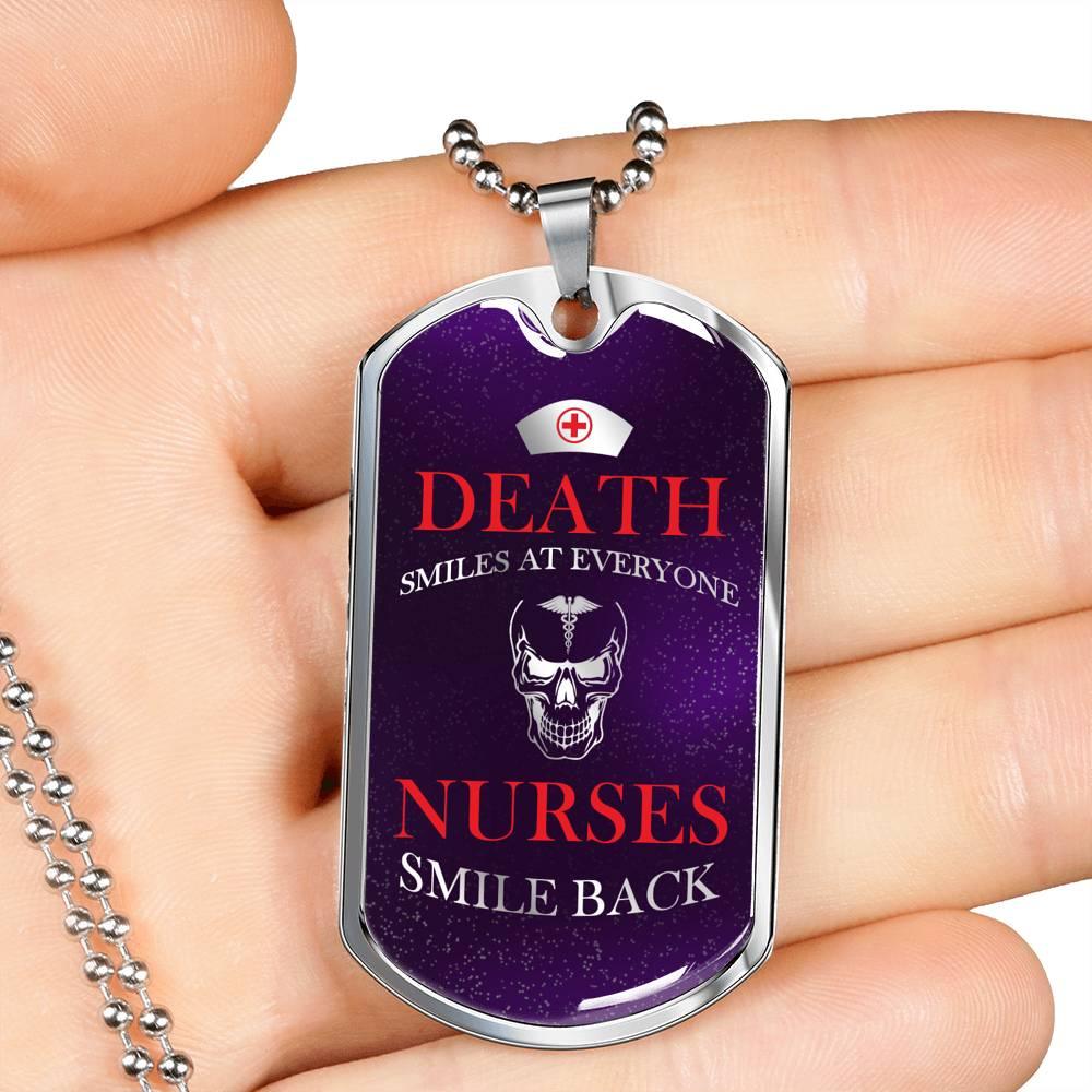 Death Smiles at Everyone Nurse Necklace Stainless Steel or 18k Gold Dog Tag 24" - Express Your Love Gifts