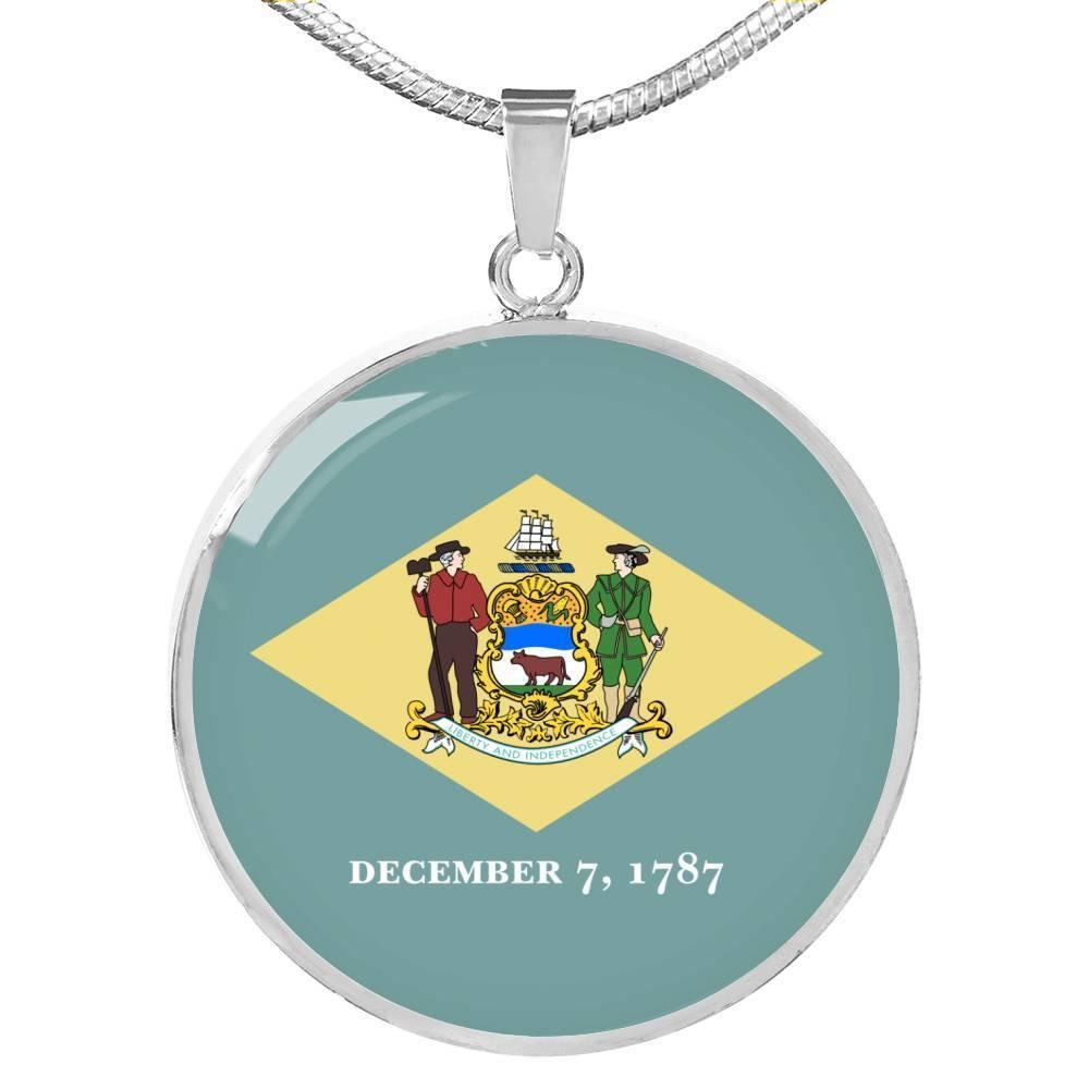 Delaware State Flag Necklace Stainless Steel or 18k Gold Circle Pendant 18-22" - Express Your Love Gifts