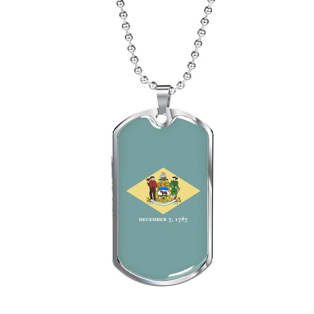 Delaware State Flag Necklace Stainless Steel or 18k Gold Dog Tag 24" Chain - Express Your Love Gifts