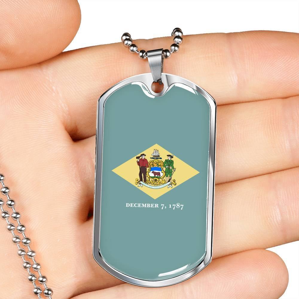 Delaware State Flag Necklace Stainless Steel or 18k Gold Dog Tag 24" Chain - Express Your Love Gifts