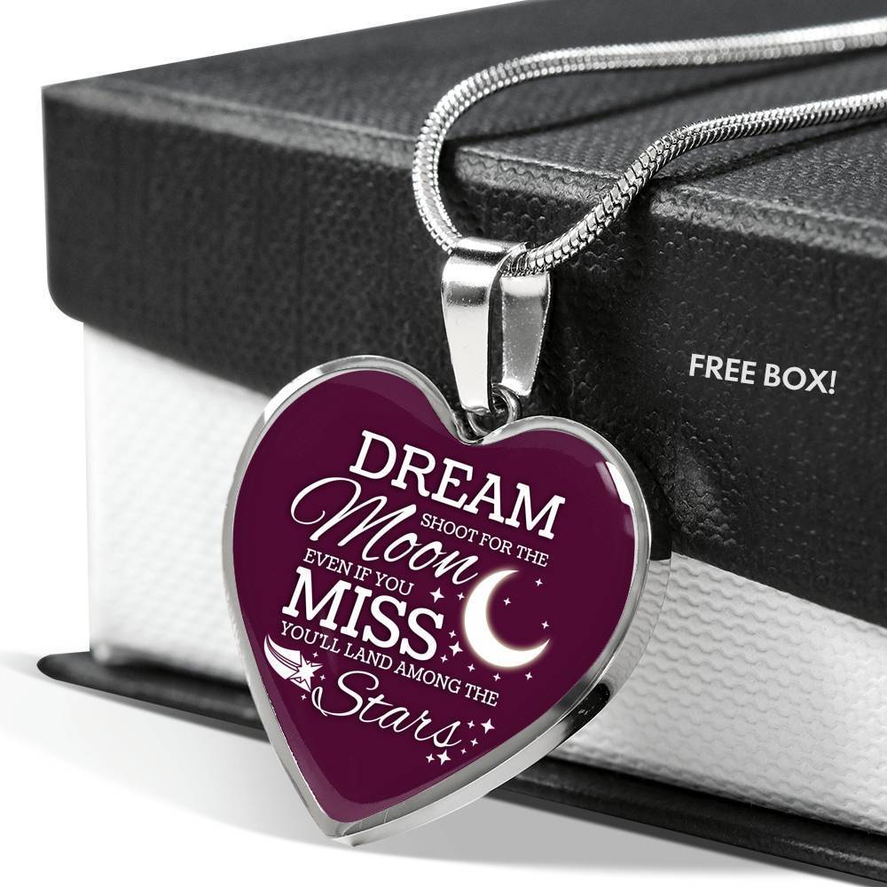 Dream Shoot For The Moon Necklace Stainless Steel or 18k Gold Heart Pendant 18-22" - Express Your Love Gifts