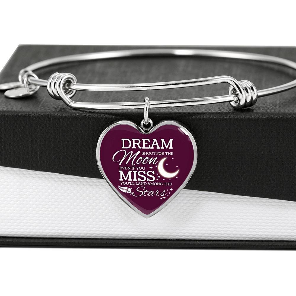 Dream Shoot For The Moon Stainless Steel or 18k Gold Heart Bangle Bracelet - Express Your Love Gifts