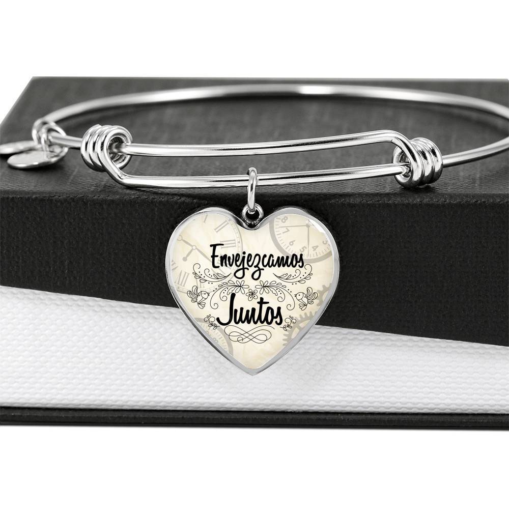Envejezcamos Juntos Stainless Steel or 18k Gold Heart Bangle Bracelet - Express Your Love Gifts