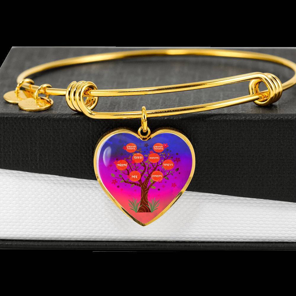 Family Tree Stainless Steel or 18k Gold Heart Bangle Bracelet - Express Your Love Gifts