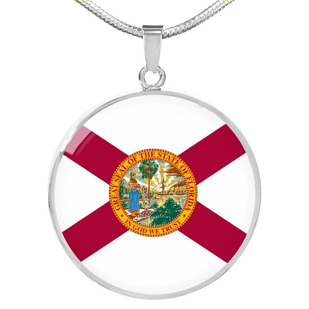 Florida State Flag Necklace Stainless Steel or 18k Gold Circle Pendant 18-22" - Express Your Love Gifts