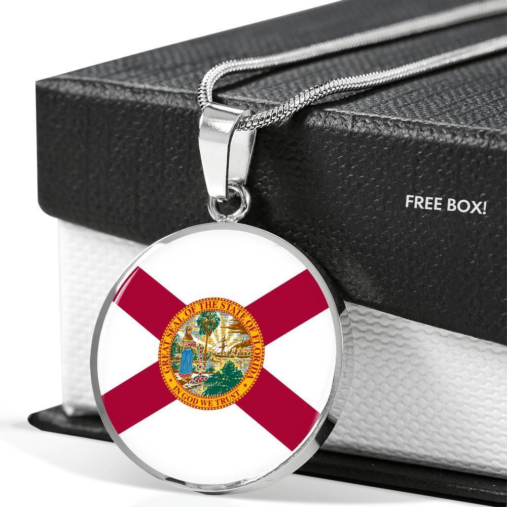Florida State Flag Necklace Stainless Steel or 18k Gold Circle Pendant 18-22" - Express Your Love Gifts