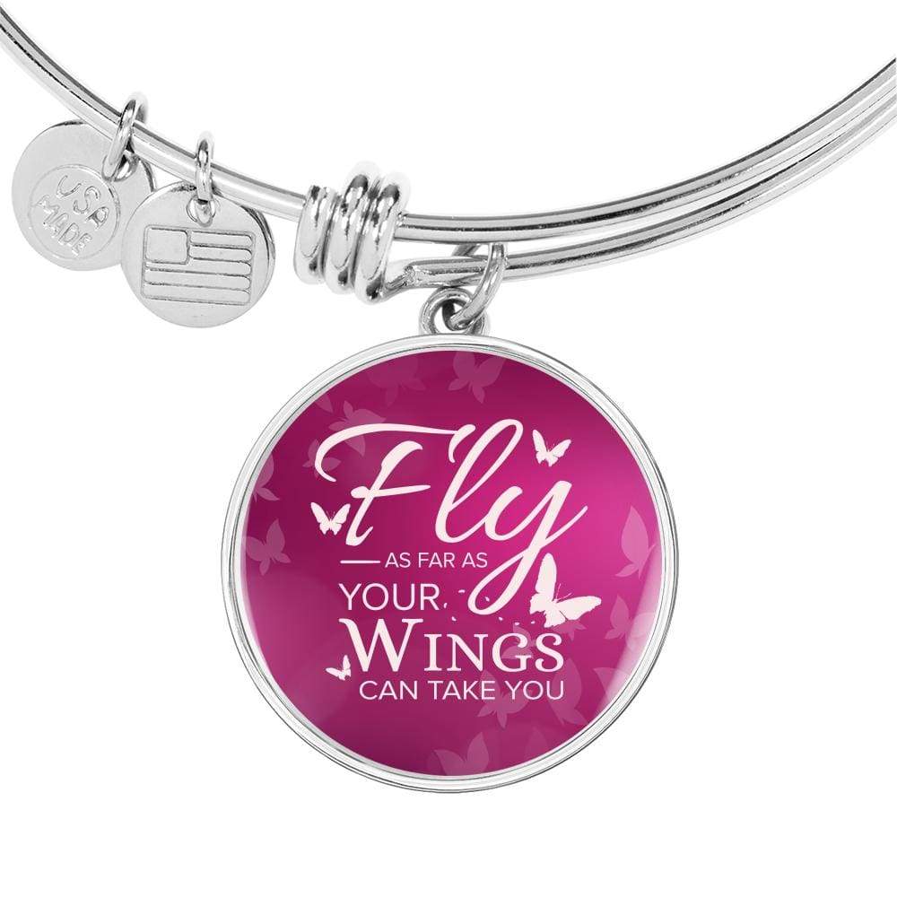 Fly As Far As Your Wings Can Take You Stainless Steel or 18k Gold Circle Bangle Bracelet - Express Your Love Gifts
