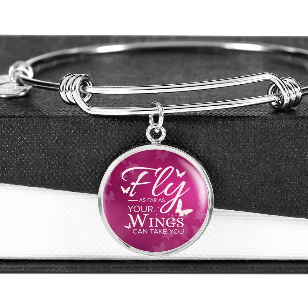 Fly As Far As Your Wings Can Take You Stainless Steel or 18k Gold Circle Bangle Bracelet - Express Your Love Gifts