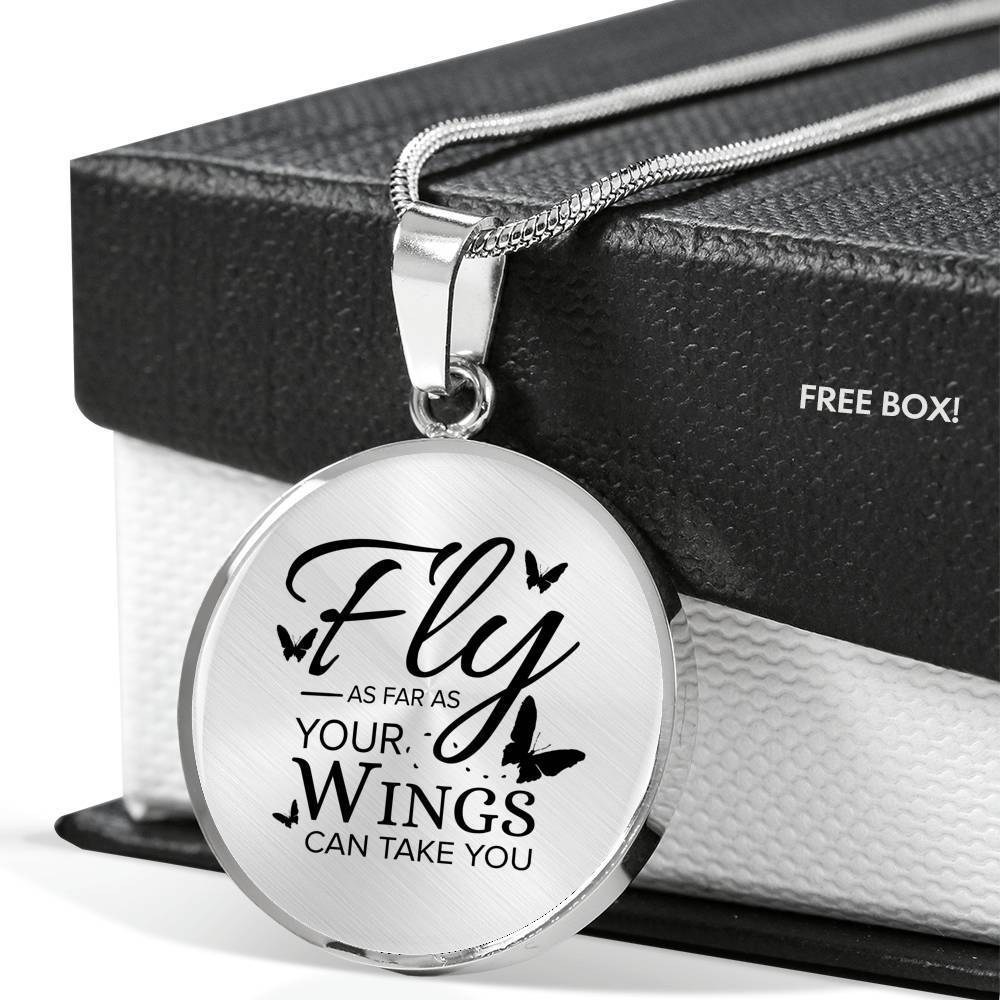 Fly As Far As Your Wings Can Take You Transparent Circle Necklace Stainless Steel or 18k Gold 18-22" - Express Your Love Gifts