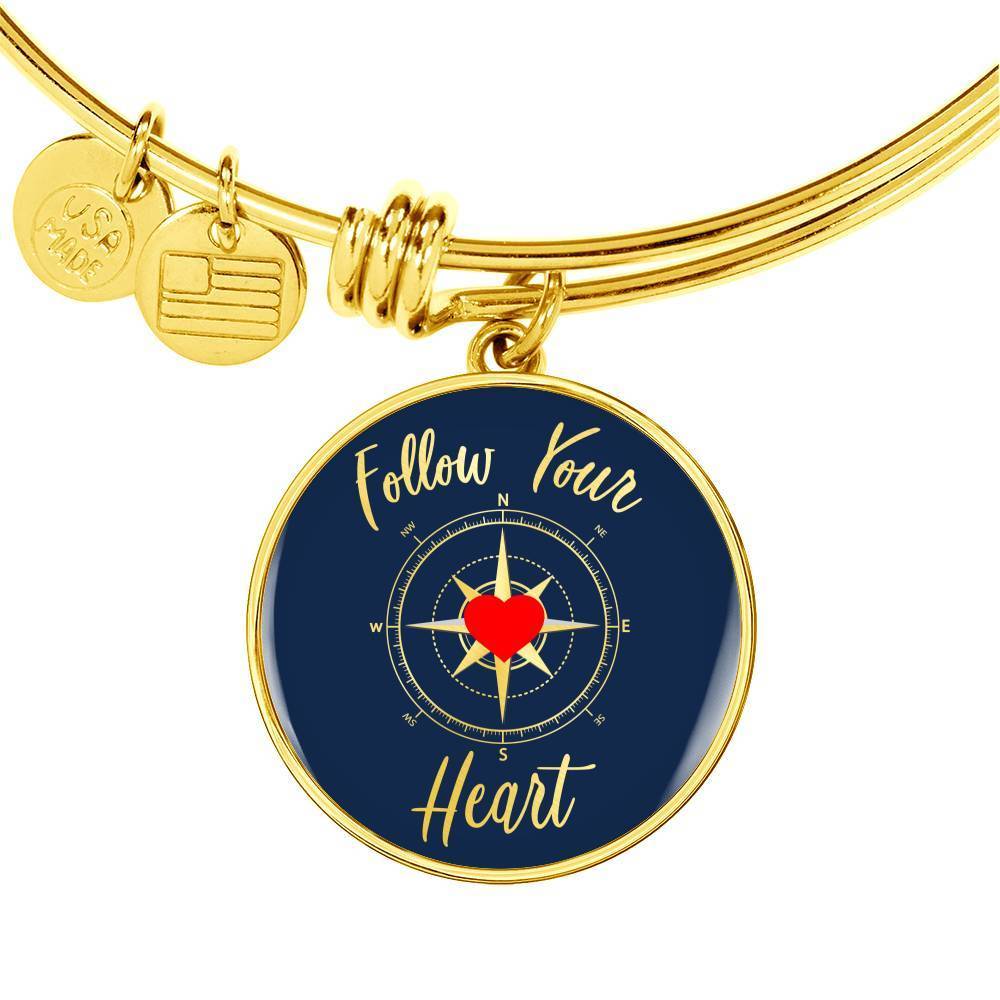 Follow Your Heart Compass Stainless Steel or 18k Gold Circle Bangle Bracelet - Express Your Love Gifts