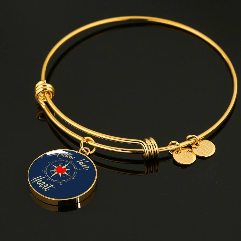 Follow Your Heart Compass Stainless Steel or 18k Gold Circle Bangle Bracelet - Express Your Love Gifts