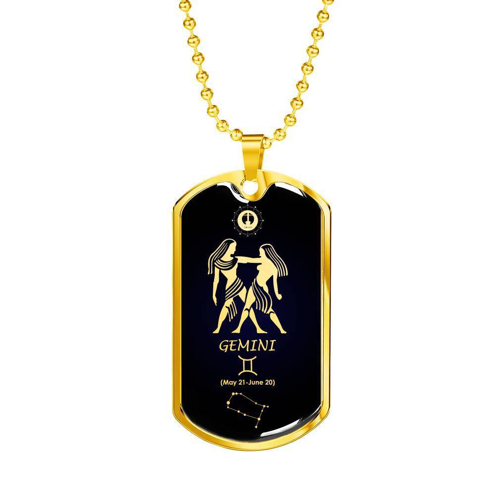 Gemini Constellation Horoscope Zodiac Necklace 18k Gold Stainless Steel Dog Tag 24"-Express Your Love Gifts
