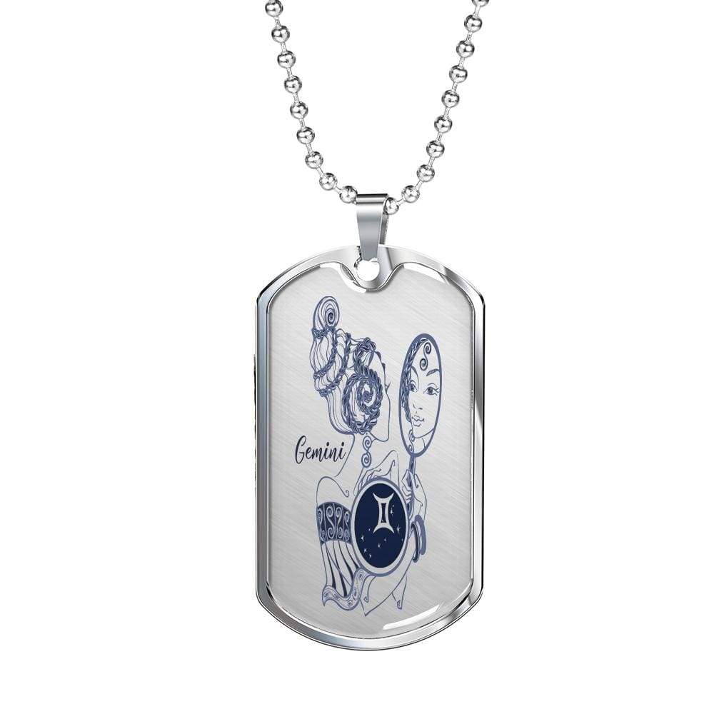 Gemini Constellation Horoscope Zodiac Necklace Dog Tag Stainless Steel or 18k Gold 24" Chain - Express Your Love Gifts