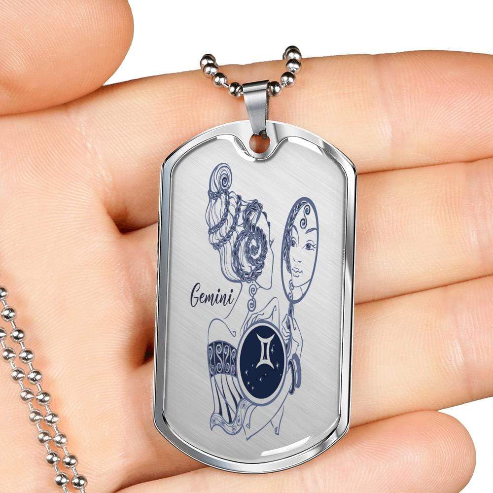 Gemini Constellation Horoscope Zodiac Necklace Dog Tag Stainless Steel or 18k Gold 24" Chain - Express Your Love Gifts