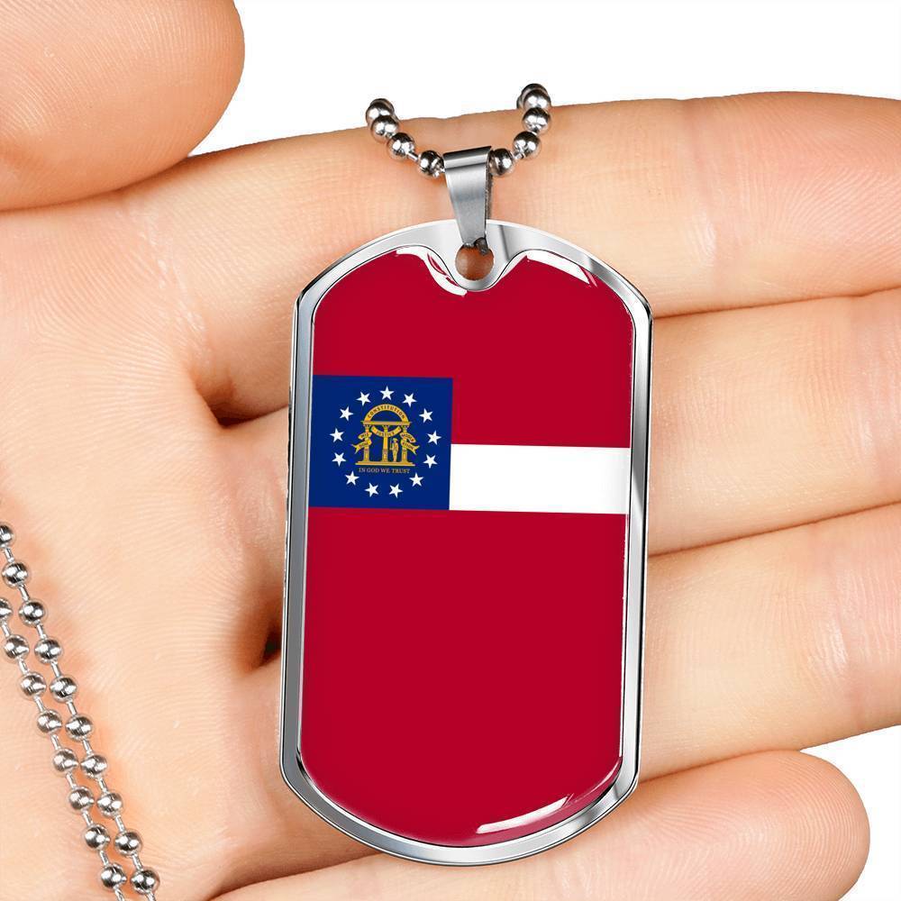 Georgia State Flag Necklace Stainless Steel or 18k Gold Dog Tag 24" Chain - Express Your Love Gifts