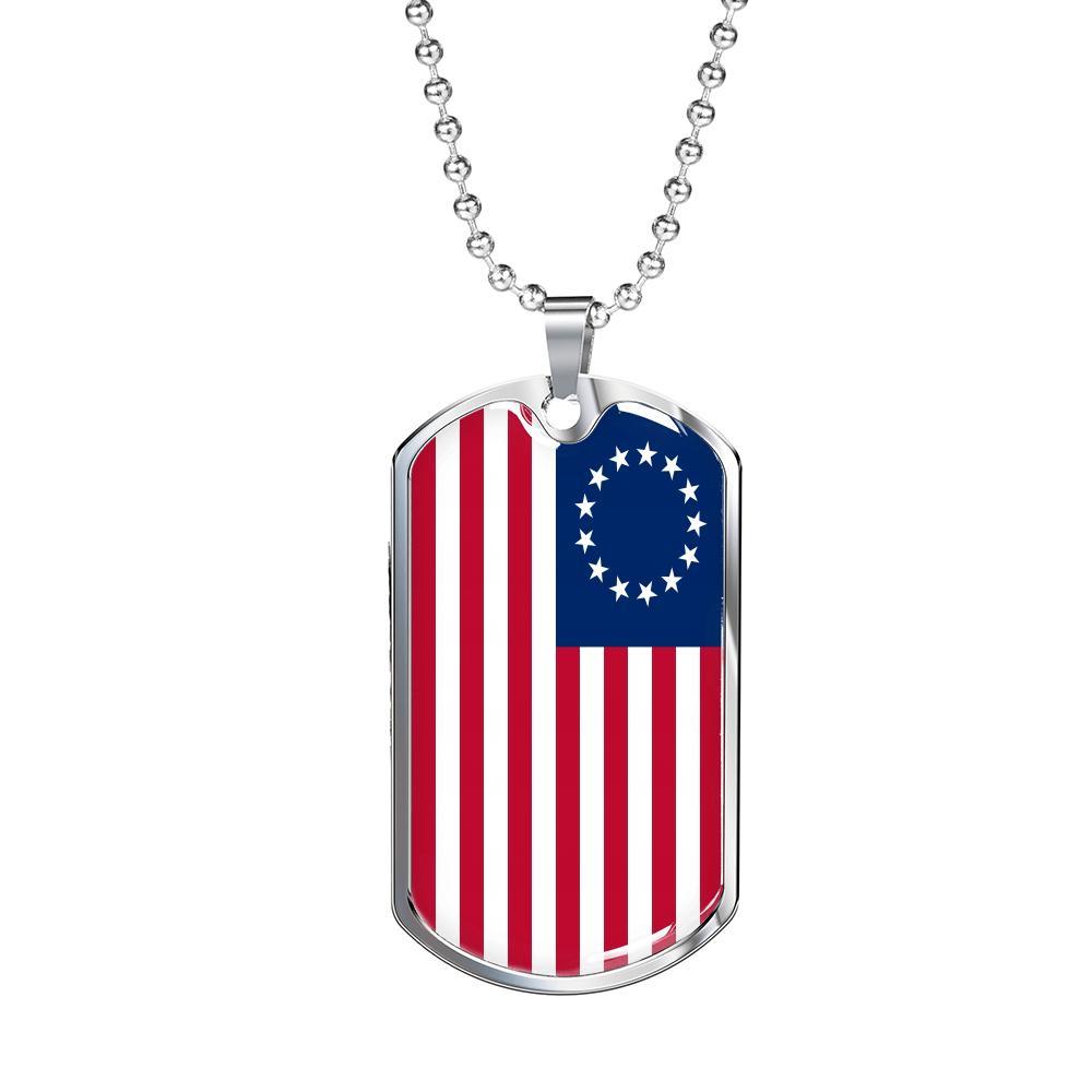 God Bless America Betsy Ross Retro Flag Necklace Stainless Steel or 18k Gold Dog Tag 24" Chain - Express Your Love Gifts