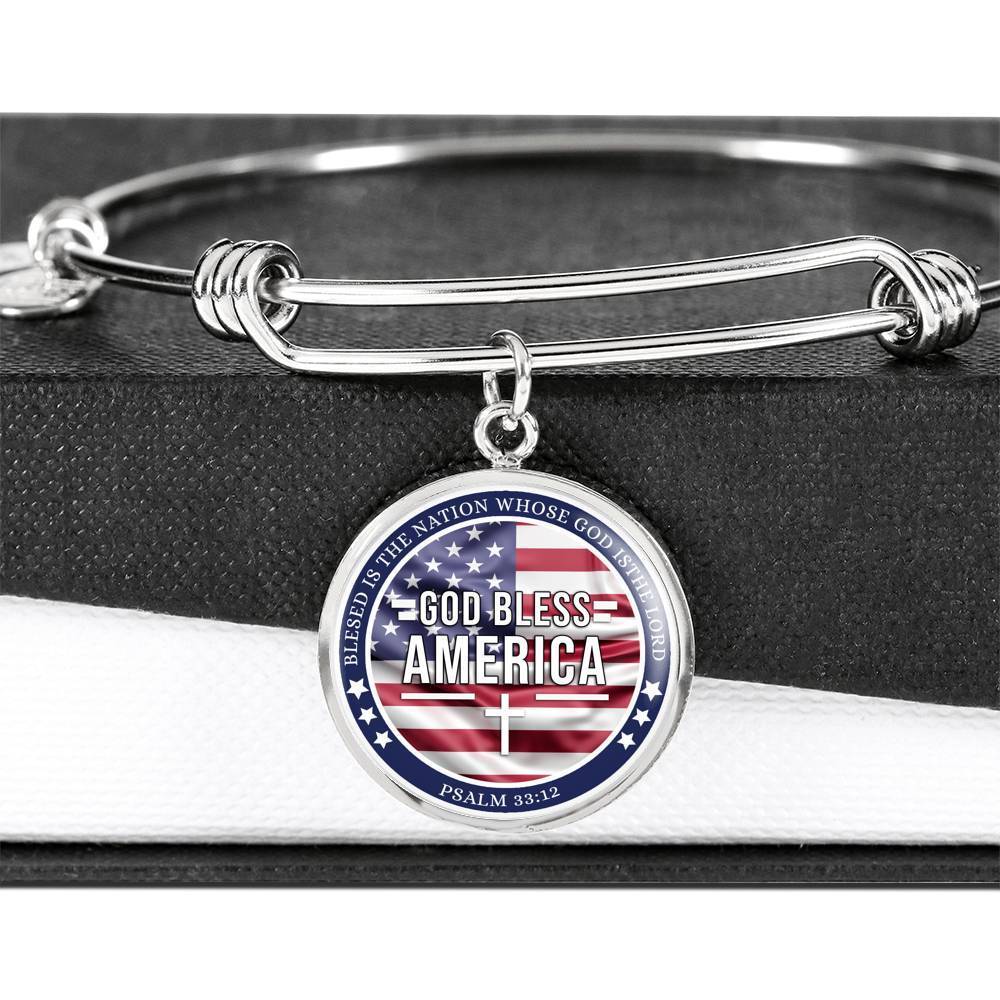God Bless America Flag Stainless Steel or 18k Gold Circle Bangle Bracelet - Express Your Love Gifts