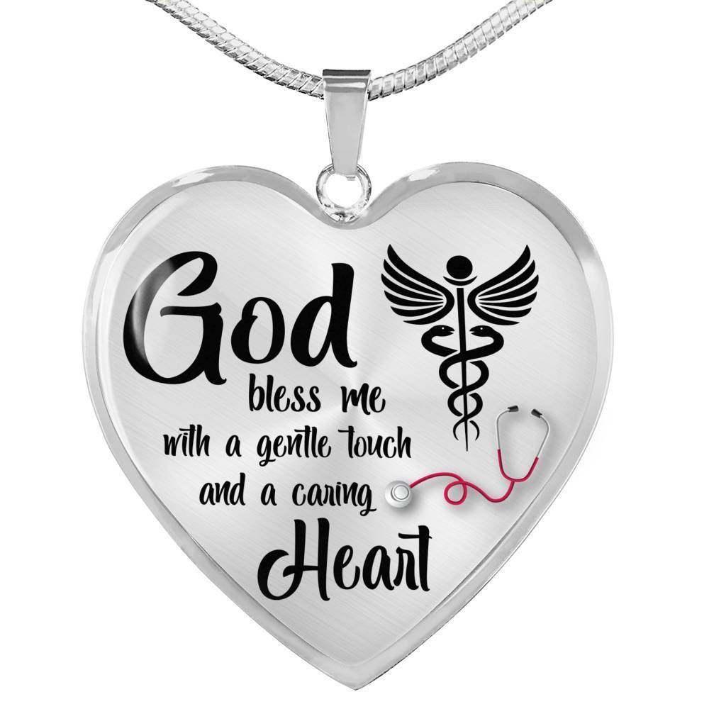 God Bless Me Nurse Gift Heart Pendant Stainless Steel or 18k Gold 18-22" - Express Your Love Gifts