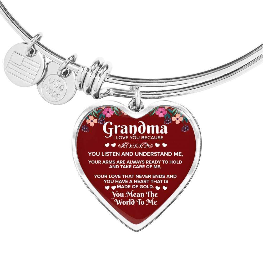 Grandma I Love You Because Stainless Steel or 18k Gold Heart Bangle Bracelet - Express Your Love Gifts