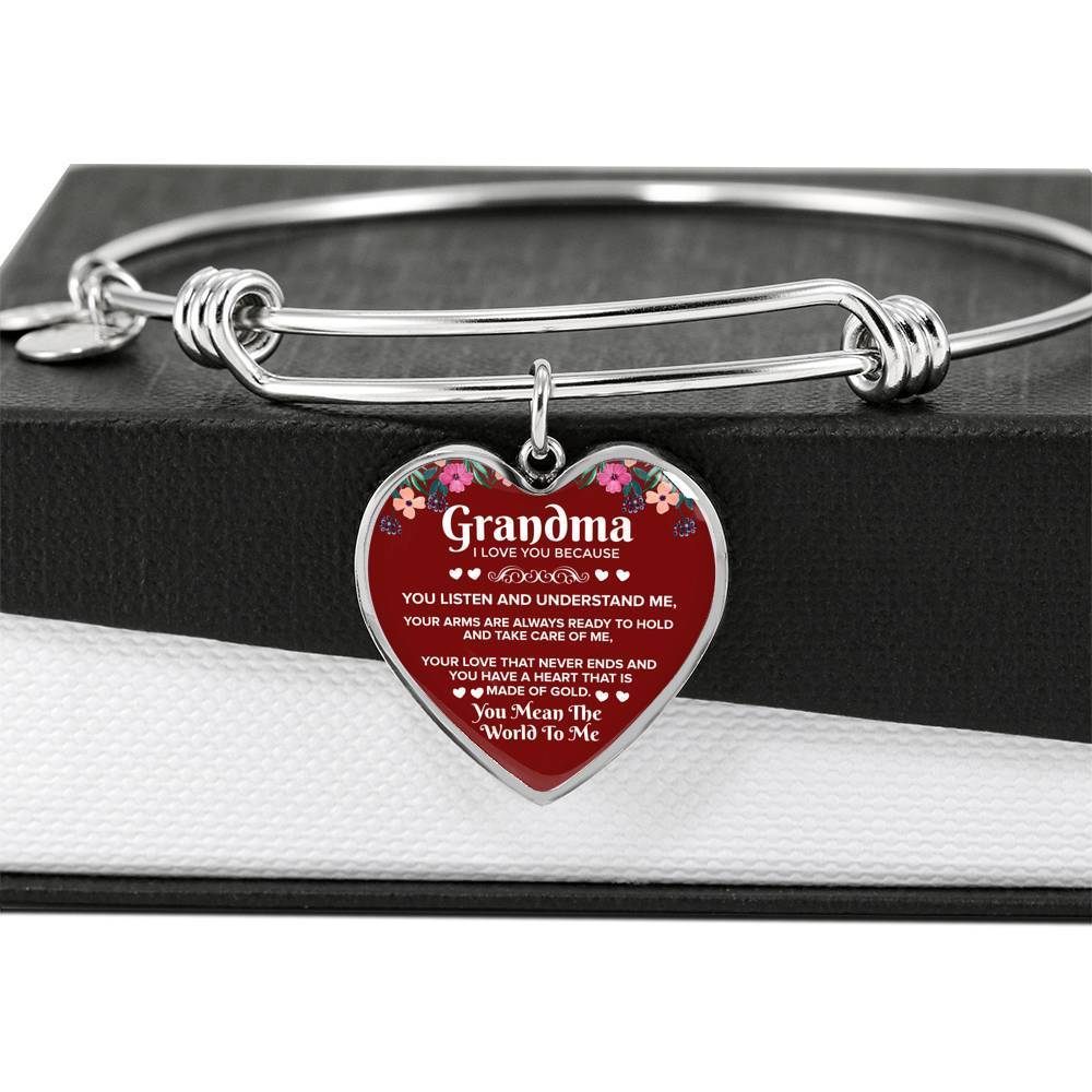 Grandma I Love You Because Stainless Steel or 18k Gold Heart Bangle Bracelet - Express Your Love Gifts
