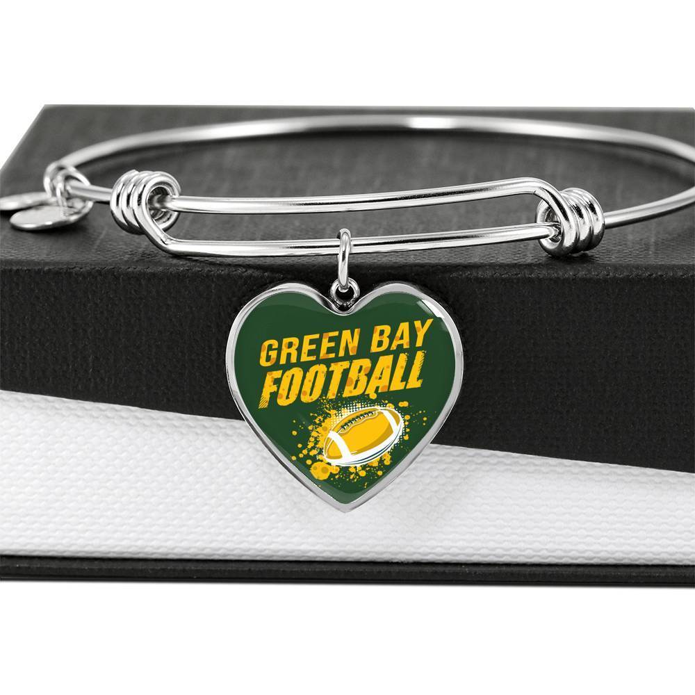 Green Bay Fan Football Gift Stainless Steel or 18k Gold Heart Bracelet Bangle - Express Your Love Gifts