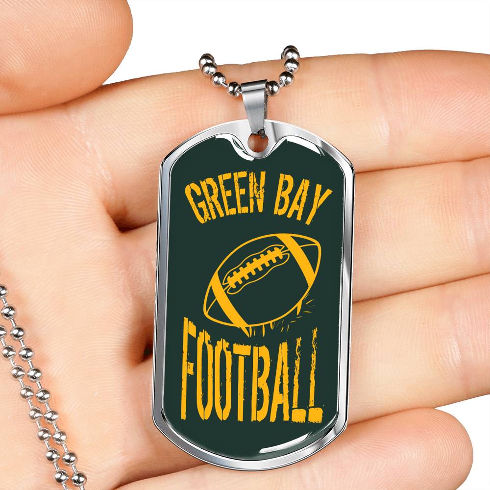 Green Bay Fan Necklace Dog Tag Stainless Steel or 18k Gold 24" Chain - Express Your Love Gifts
