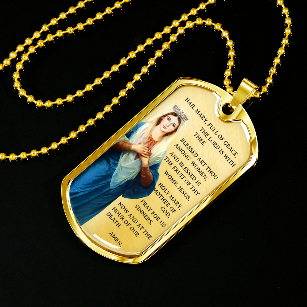Hail Mary Catholic Prayer Necklace Stainless Steel or 18k Gold Dog Tag 24" Chain-Express Your Love Gifts