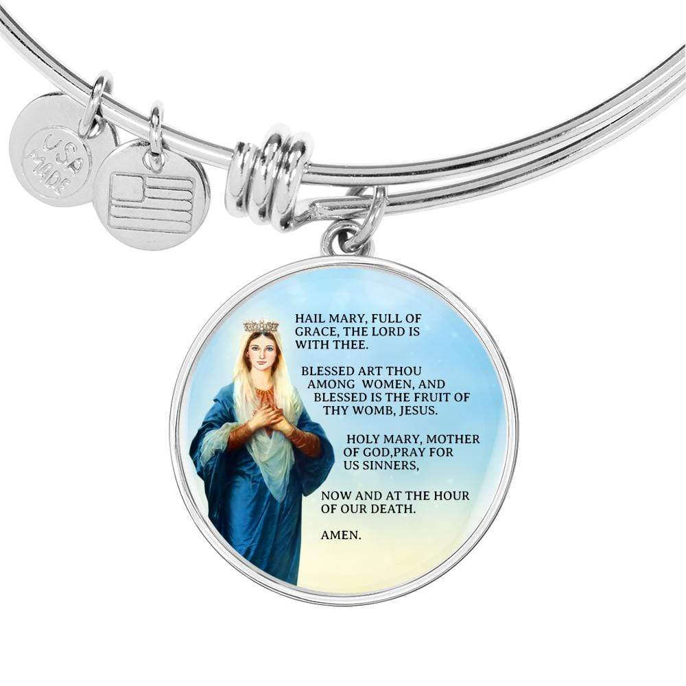 Hail Mary Catholic Prayer Stainless Steel or 18k Gold Circle Bangle Bracelet - Express Your Love Gifts