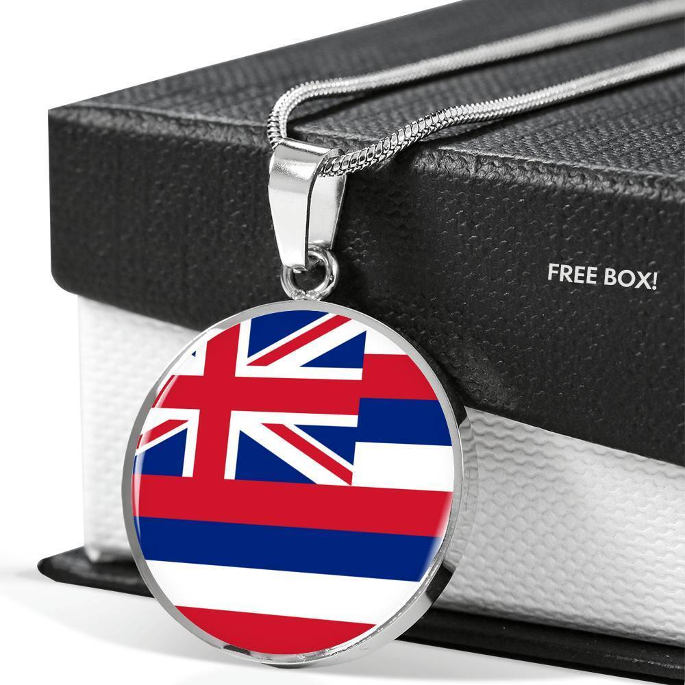 Hawaii State Flag Necklace Stainless Steel or 18k Gold Circle Pendant 18-22" - Express Your Love Gifts