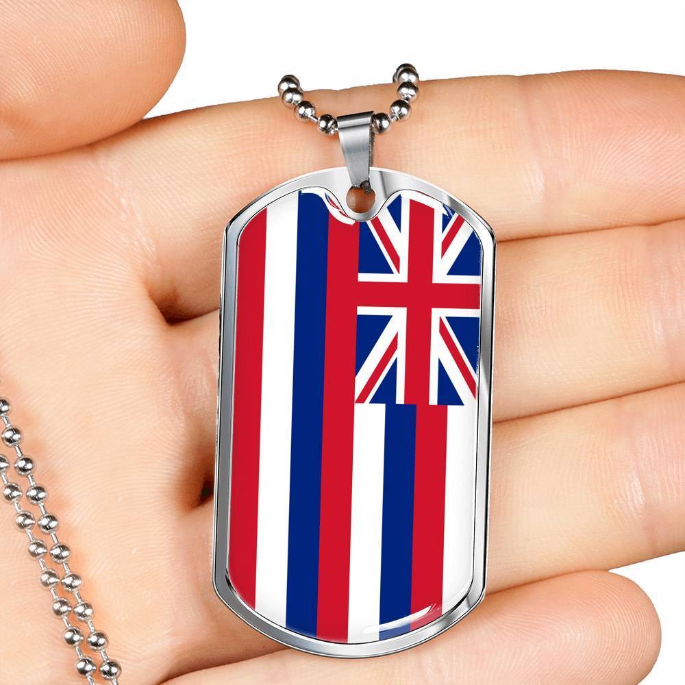 Hawaii State Flag Necklace Stainless Steel or 18k Gold Dog Tag 24" Chain - Express Your Love Gifts