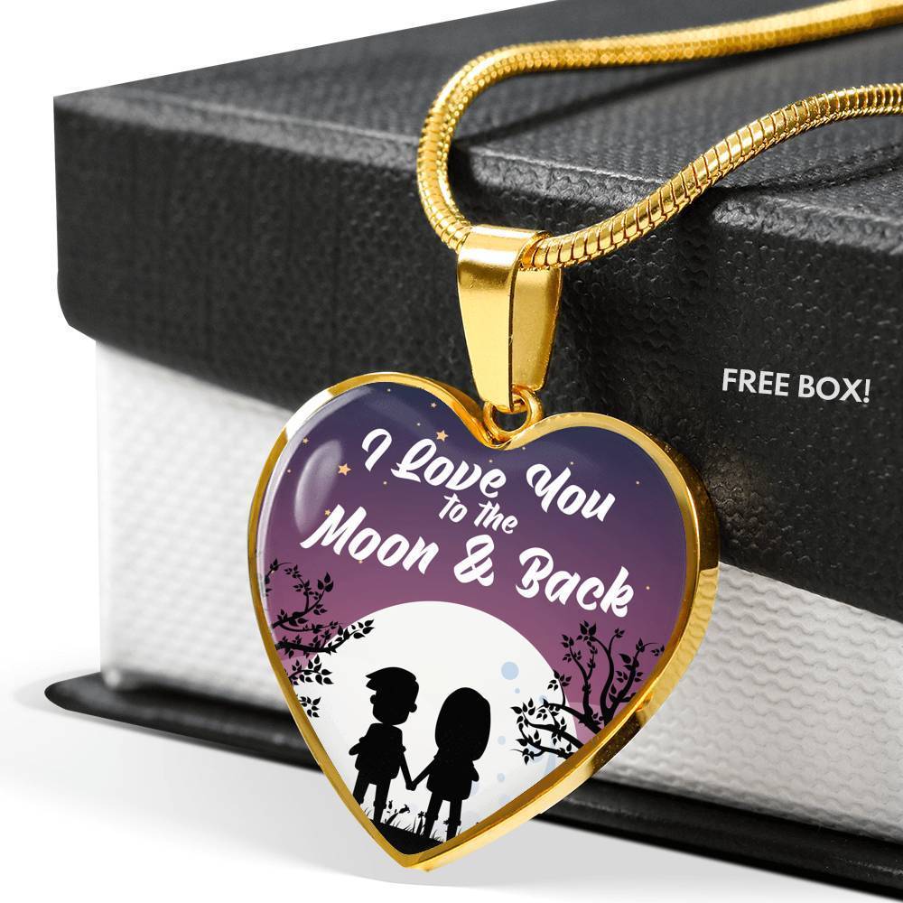 I Love You To The Moon & Back Love Stainless Steel or 18k Gold Heart Pendant Necklace 18-22"-Express Your Love Gifts