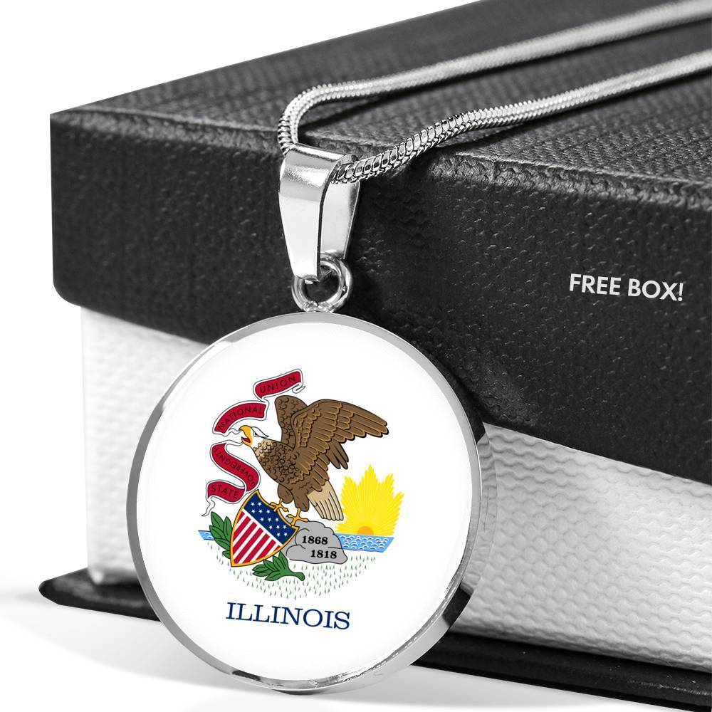 Illinois State Flag Necklace Stainless Steel or 18k Gold Circle Pendant 18-22" - Express Your Love Gifts